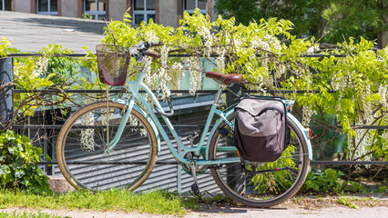 Light blue bike and white lilac flowers at bridge in the old town of Strasbourg in Elsace region along the Rhine river in France - obrazy, fototapety, plakaty