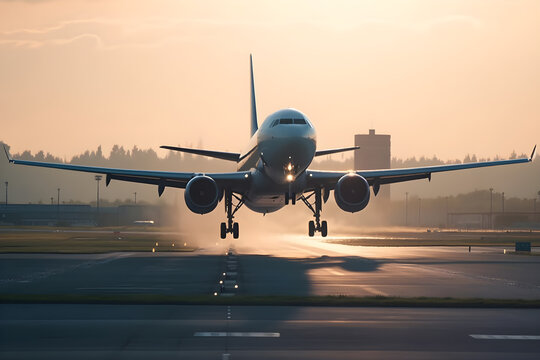 Airplane landing at the airport in the rays of the setting sun with copyspace, for poster, banner background