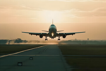 Airplane landing at the airport in the rays of the setting sun with copyspace, for poster, banner background - obrazy, fototapety, plakaty
