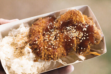Katsudon, deep fried pork with rise and sesame seeds.