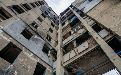 destroyed and burned houses in the city during the war in Ukraine