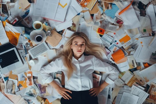 A top view of a young Scandinavian businesswoman lying on the floor that is full of papers and documents in an office scene. Generative AI image AIG30.