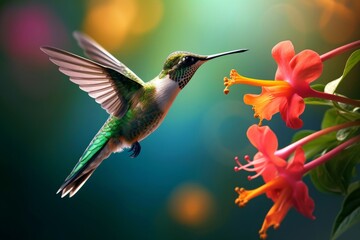 Fototapeta premium Hummingbird flying to pick up nectar from a beautiful flower. Digital artwork, Generative AI 