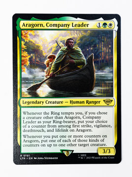 Hamburg, Germany - 06092023: photo of the English magic the gathering trading game card Aragorn, Company Leader from the Lord of the Rings Tales of Middle earth set on white.