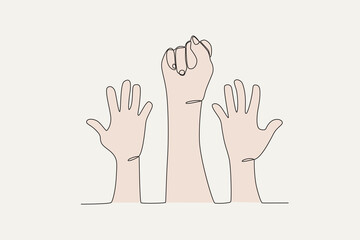 Colored illustration of hands raised upwards. Human rights day one-line drawing - Powered by Adobe