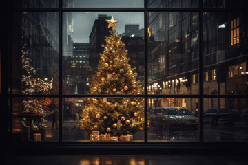 Christmas tree in the big panoramic window in the city lights