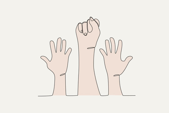 Colored illustration of hands raised upwards. Human rights day one-line drawing