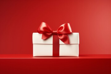 A White Gift Box with a Red Bow, Symbolizing Christmas and Birthday Celebrations, Generative AI