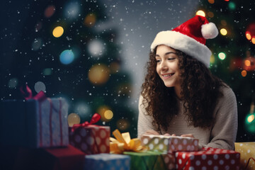 Woman with christmas gifts and in santa hat,  christmas snowing scene