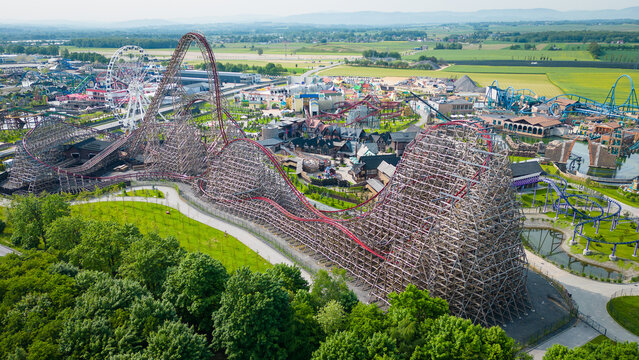 Zator, Poland - May 27, 2023: Huge roller coaster in Energylandia funfair in Poland