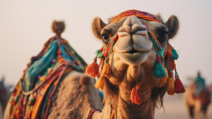 Decorated Arabian camel for a tourist camel ride - obrazy, fototapety, plakaty