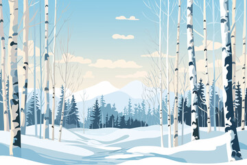 Amazing winter landscape, birches, conifers, snowdrifts, wildlife against the backdrop of the mountains. Beautiful Christmas vector illustration for printing.