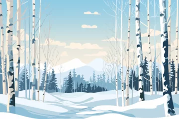 Rucksack Amazing winter landscape, birches, conifers, snowdrifts, wildlife against the backdrop of the mountains. Beautiful Christmas vector illustration for printing. © LoveSan