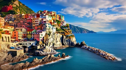 Wandcirkels plexiglas A picturesque and vibrant cityscape nestled amidst the mountainous terrain overlooking the Mediterranean Sea in Europe's Cinque Terre region, featuring traditional Italian architectural charm. © Marry