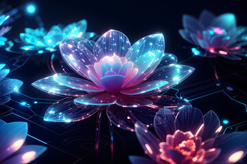 Digital futuristic flower wallpaper, blue light glow blossom wireframe, background with flower cyber hologram in AI generative