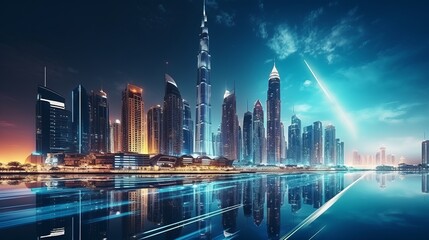 A stunning nocturnal urban landscape in Dubai, United Arab Emirates, showcasing futuristic modern architecture illuminated under the night sky, encapsulating the concept of luxurious travel. - obrazy, fototapety, plakaty