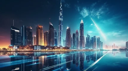 Fototapete Burj Khalifa A stunning nocturnal urban landscape in Dubai, United Arab Emirates, showcasing futuristic modern architecture illuminated under the night sky, encapsulating the concept of luxurious travel.