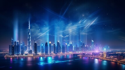 A stunning nocturnal urban landscape in Dubai, United Arab Emirates, showcasing futuristic modern architecture illuminated under the night sky, encapsulating the concept of luxurious travel.