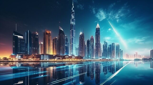 Fototapeta A stunning nocturnal urban landscape in Dubai, United Arab Emirates, showcasing futuristic modern architecture illuminated under the night sky, encapsulating the concept of luxurious travel.