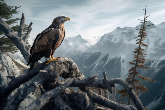 Bald Eagle on a branch in the mountains. 3d rendering, for poster, banner background