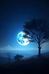 Papier Peint photo Pleine Lune arbre Beautiful fantasy landscape with a full moon in the sky and clouds. Serenity nature background