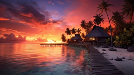 A stunning sunset scene on a beach in the Maldives. - Powered by Adobe