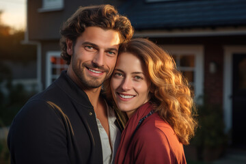 Fototapeta premium Portrait of smiling adult man husband hugging his beautiful positive wife together at entrance of house outdoors. Happy married couple, romance