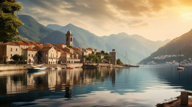 The historical town of Perast during the summer season, situated along the Bay of Kotor in Montenegro.