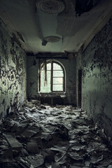 View of a room littered with old books and papers. Abandoned soviet spa resort (sanatorium)...