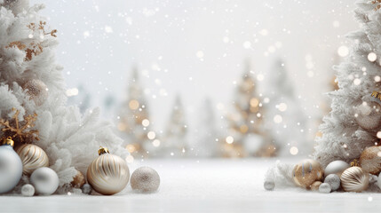 Fototapeta na wymiar Christmas background with balls and snow, copy space. AI
