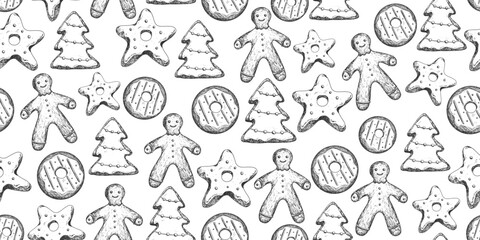 Materiał do szycia Seamless pattern with sketch style gingerbread man, star, Christmas tree. Background with engraving style cookies. Black and white hand drawn ginger bread
