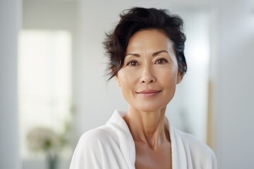 a stunning asian woman in her mid-50s stands in the bathroom after a shower