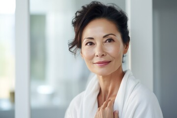 a mid-age asian woman of 50 years, looking stunning, stands in the bathroom after her shower