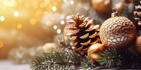 Christmas background with balls, christmas tree branches and golden lights. Holiday concept for...