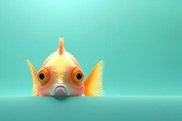 Creative animal concept. Goldfish fish peeking over pastel bright background. advertisement, banner, card. copy text space. birthday party invite invitation	
