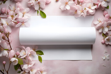 Blank mockup greeting card and cherry blossom background, craft envelope, blossom, flat lay, top...