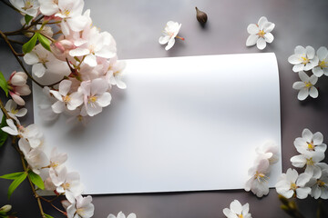 Blank mockup greeting card and cherry blossom background, craft envelope, blossom, flat lay, top view