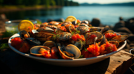 Classic New England Clam Bake: A Feast by the Sea. Generative AI.