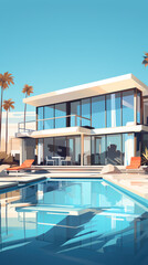 Fototapeta premium Modern country house villa in a minimalist cubic style with swimming pool, illustration of a vacation on the sea coast