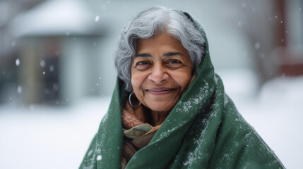 Happy Indian grandmother in green scarf against winter snowfall background. AI Generated