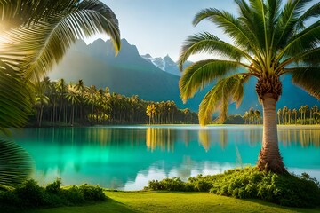 tropical island with palm trees and sea