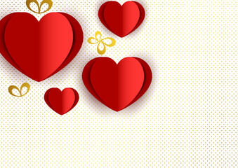 Card with hearts. Paper flying elements on a white background. Heart shaped love symbols for happy women, mother, Valentine's Day, birthday greeting card design. Vector