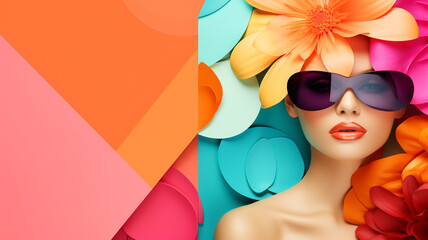 Colorful banner with beautiful woman face on multicolored background with paper cut effect in pop art style. Floral abstract shape elements orange pink blue crimson colors. Beauty fashion cosmetics