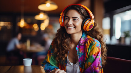 Beautiful young woman in headphones and with a microphone conducts a podcast, blogger communicates with her subscribers on social networks - obrazy, fototapety, plakaty