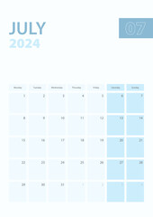Vertical calendar page of July 2024, Week starts from Monday.