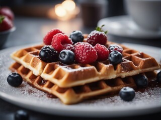 close up view of delicious waffle with fruits in plate 