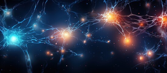 glowing neuron cells linked in dark space with copyspace for text