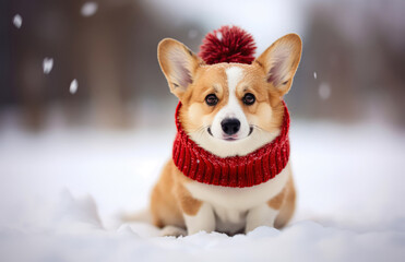 Winter animal portrait, a small cheerful dog dressed in winter woolen clothes, a scarf and a hat. A cold day on white snow on a snowy day.