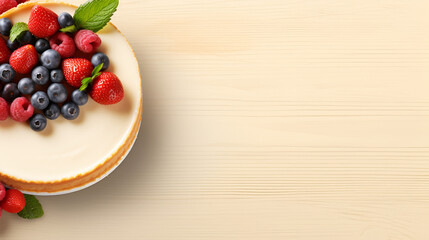 Cheese cake top view banner for ads. Classic cheese cake with fresh berries on light wooden background, copy space. Creamy curd cheesecake served with fresh berries. No bake whole curd cheese cake - obrazy, fototapety, plakaty
