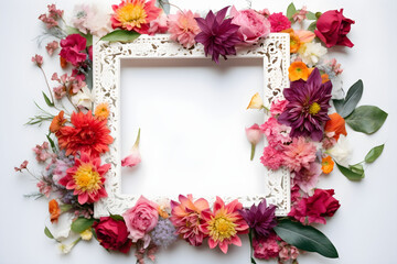 Boho floral frame mockup with watercolor flowers and leaves isolated on white background, for poster, product display, banner background